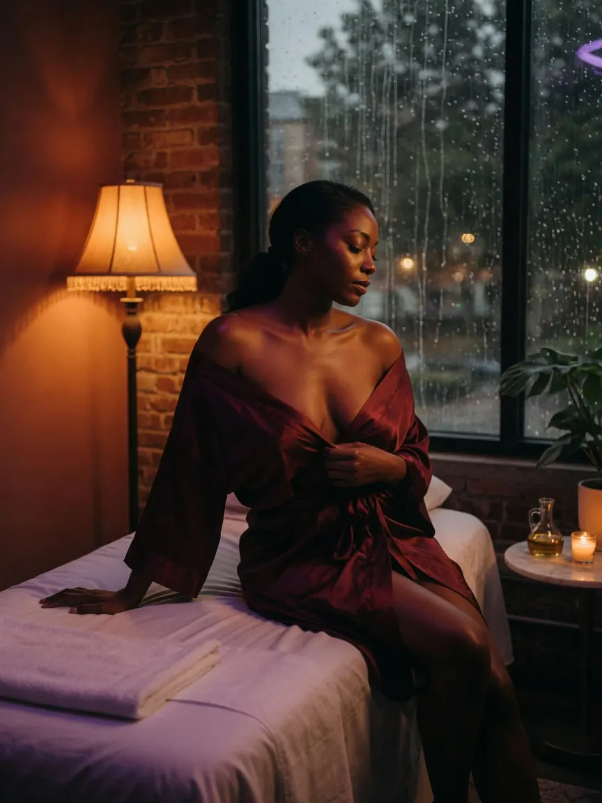 Silk robe and low lamplight in a studio offering erotic massage Atlanta